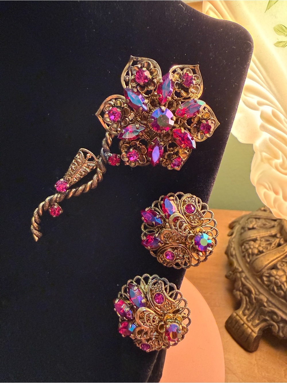 Vintage Demi-Parure Flower Brooch With Matching Earrings Signed Western Germany